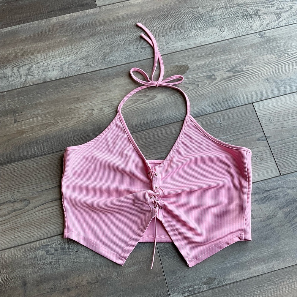 Pink Halter Crop Top with Lace-Up Front